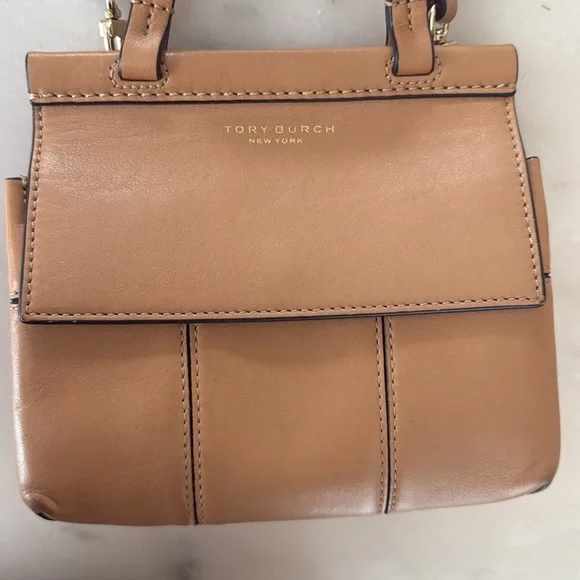 Tory Burch Block  T Mini Satchel Bag Light Tan Leather Handbag Top Handle 2 Ways - Picture 5 of 17